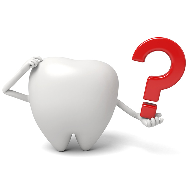 Tooth character holding red question mark