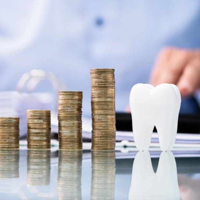 Tooth model next to stacks of coins