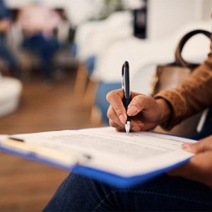 Woman filling out dental insurance form on clipboard