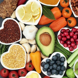 Variety of colorful, healthful food viewed from above