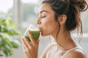 Woman sipping a green smoothie